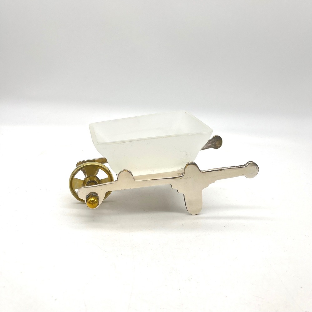 Vintage Frosted Glass & Mixed Metal Miniature Wheelbarrow Trinket Dish Decor